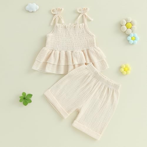 Image of Thorn Tree Toddler Girl Clothes Summer Ruffle Hem Sleeveless Stretchy Top Casual Shorts Cotton Line Outfits