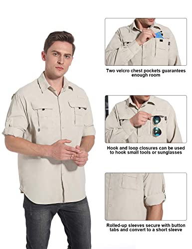 NOMINATE Mens Long Sleeve Fishing Shirts UPF 50+ UV Protection Sun Shirts Quick Drying Hiking Lightweight Khaki