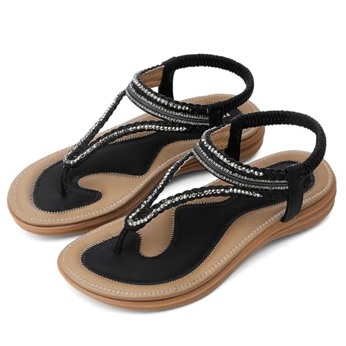Image of UBFEN Womens Bohemian Flat Sandals With Back Strap Summer Beach Comfortable Bling