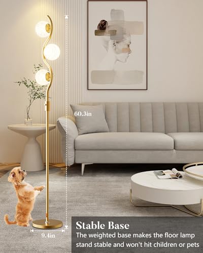 Image of 60IN Dimmable Gold Standing Lamps, Ice Crystal Modern Floor Lamp with 3000K G9 Bulbs Included, Mid Century Vintage Globe Floor Lamp for Living Room
