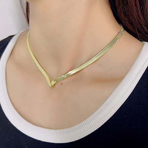 14K Gold Flat Snake Chain Choker Necklaces, Simple Minimalist V-Shaped Short Collar Clavicle Necklace Women Jewelry, Herringbone Necklace for Women2