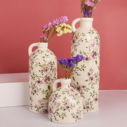 Set of 3 Vintage Floral Ceramic Bottle Vases with Handles - Rusti...