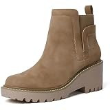 Mostrin Chelsea Boots for Women Platform Ankle Boots Chunky Lug Sole Boots Slip on Elastic Fall Boots Wedges Block Booties Brown Suede Boots Size 7