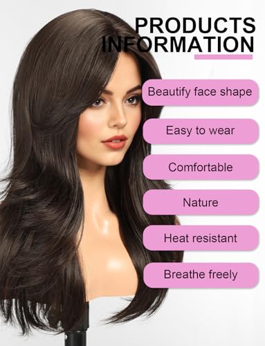 WOKESTAR Natural Long Wigs for Women with Fringe Synthetic Heat Resistant Hair Natural Brown Wig for Daily Party Cosplay Use - Image 2