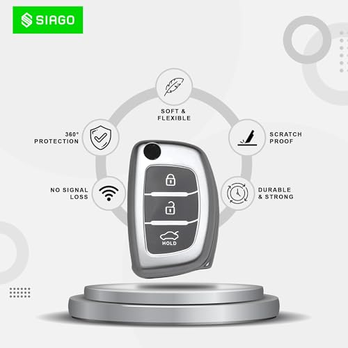 Image of SIAGO TPU Key Cover and Metal Keychain Compatible for Hyundai i 20, Xcent,Verna Flude 3 Button Flip Smart Key Cover (Grey Pack of 2)