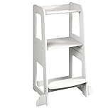 URBNLIVING 90cm Tall White Wooden Kitchen Step Kids Toddler Baby Learning Tower for Counter Bathroom Sink Anti-Slip Stool Protection Helper with Safety Protective Rail Durable & Lightweight