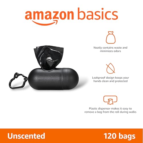 Image of Amazon Basics Dog Poop Bags, 120 Count, Enhanced for Guaranteed Leakproof, Unscented, Black