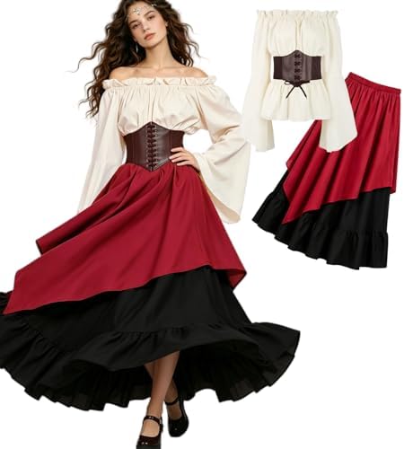 kasahara Mittelalter Kleidung Damen Set, Retro Off Shoulder Bluse Kleid Renaissance Kostüm Victorian Bekleidung Maxi Dressm mit Corsett Karneval Faschingskostüm