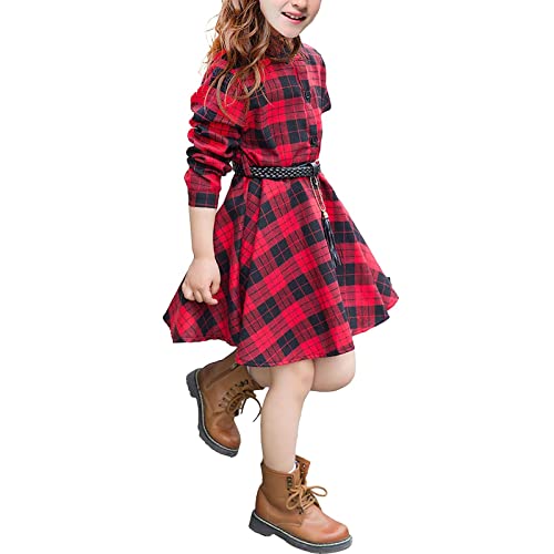 Freizeitkleid Gürtel Langarm Check Schwarz Weiß Rot Plaid Kleider für Kinder Mädchen Rockers (E, 8-9T)
