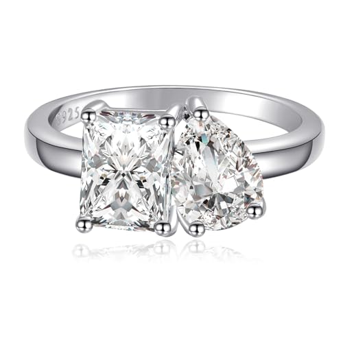 Toi Et Moi Ring 925 Sterling Silver Women Engagement Ring White Gold Plated 1.5ct 6x8mm Double Stone Ring Emerald & Pear Cut Cubic Zirconia Wedding Band Width Band 2mm Size 62