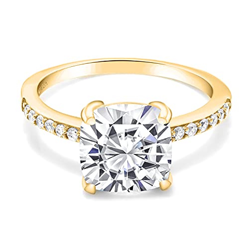 Gem Stone King 18K Yellow Gold Plated Silver 8MM Cushion Cut Gemstone Birthstone Engagement Ring | Wedding Anniversary Promise Ring For Women | Available In Size 5-92