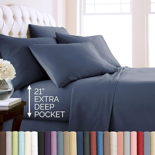 Southshore Fine Living, Inc. 21-Inch Extra Deep Pocket Queen Sheet Set, 6-Piece, Pet Hair Resistant Sheets Queen Size Bed Set Deep Pockets, Easy Care, Breathable, 4 Pillow Cases, Dark Blue Sheets