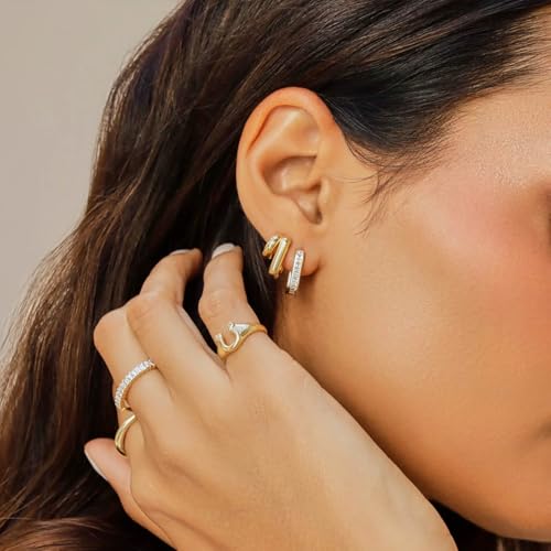 Image of Obidos 14K Gold Plated Illusion Stud Earrings for Women | Triple Huggie Hoop Earrings for One Hole| Trendy Simple Hypoallergenic Fashion Accessories Gold Jewelry Gifts for Womens