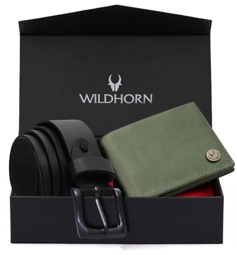 Image of WildHorn Gift Hamper for Men I RFID Protected Leather Wallet & Belt Combo Gift Set I Gift for Friend, Boyfriend,Husband,Father, Son Etc (Black & Green Hunter)