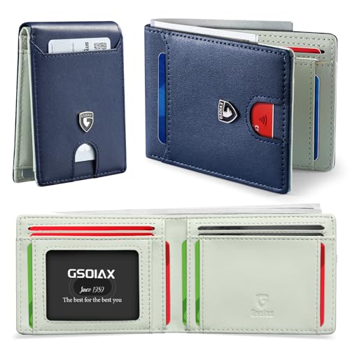 GSOIAX Carteira masculina fina com bloqueio de RFID, dobrável, de fibra de carbono, bolso frontal com 11 porta-cartões, carteira masculina minimalista vem com caixa de presente, Azul escuro e bege