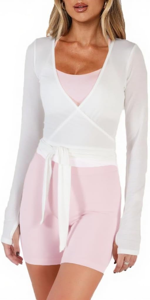 Women Crop Wrap Top Thumb Hole Long Sleeve Active Self Tie Workout Shirt Ballet Pilates Yoga Wrap Tops - Image 2