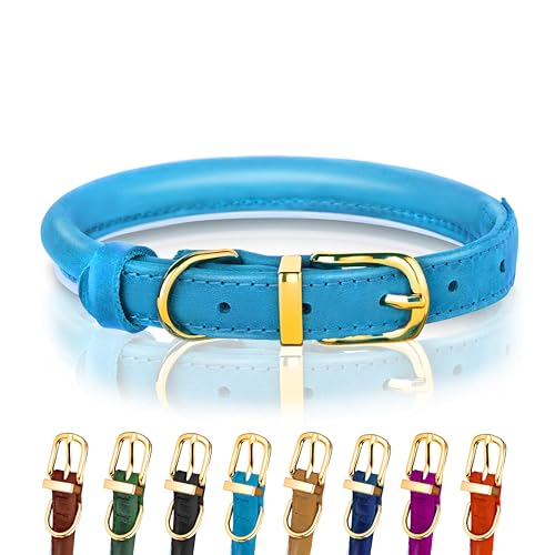 OOPSDOGGY Reflective Rolled Leather Dog Collar for Small Medium Large Dogs Puppy 8 Colors, 7 Sizes (Teal, L, 14"-18")