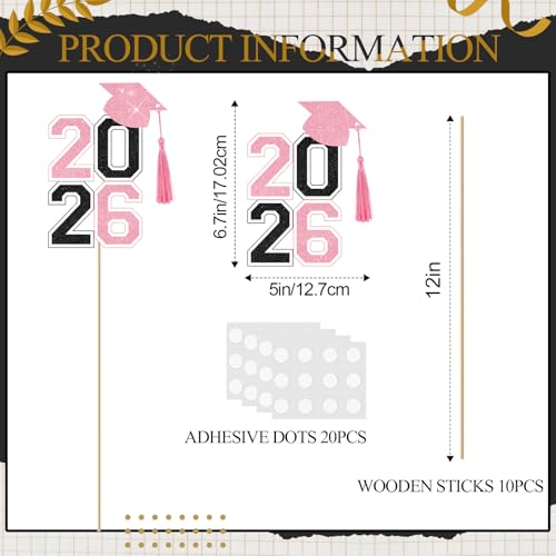 Image of 10 Pcs Graduation Table Centerpieces Sticks with Tassels, class of 2026 Grad Cap Picks Table Decoration Cupcake Toppers for Party Centerpiece Decoration Supplies(Black and Pink)