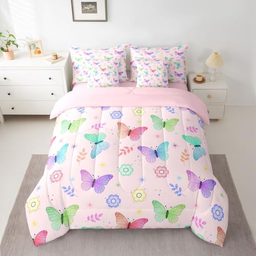 Image of Cartoon Butterflies 7 Pieces Bedding Set King Size,Cute Colorful Daisy Bed in a Bag,Flying Butterfly Bed Set Includes Comforter,Sheet Set,Pillowcases & Pillow Covers,Rainbow Gradient Bedroom Decor
