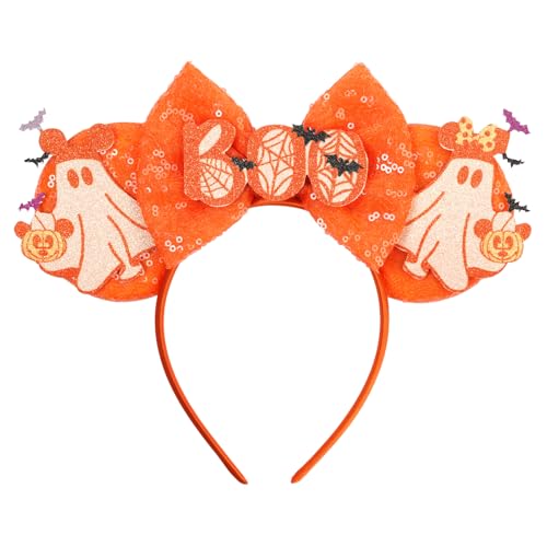 bianbaistar Orange Sequin Mouse Ear Headband with Ghost & Pumpkin Motifs - Spooky - Cute Halloween Accessory for Women & Party Enthusiasts