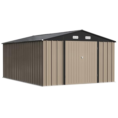 Image of Patiowell 10x14 FT Storage Shed, Outdoor Metal Steel Garden Shed with Lockable Door and Sloping Roof, Large Outside Utility Tool Sheds for Backyard Garden Patio, Brown