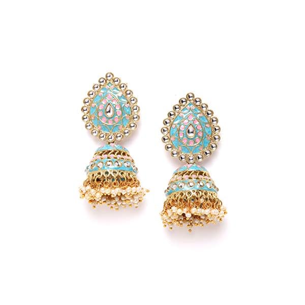 ZAVERI PEARLS Enamelling Turquoise Blue & Pink Metal Base Metal Kundan & Pearls Ethnic Jhumki Earring For Women-ZPFK9615
