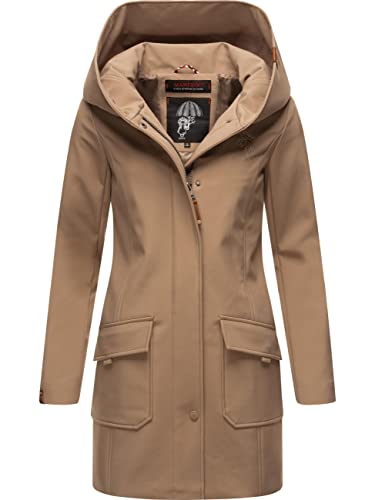 MARIKOO Mayleen XS-3XL - Chaqueta para mujer (tejido softshell, larga para exteriores, impermeable, con capucha, pardo, M Cover