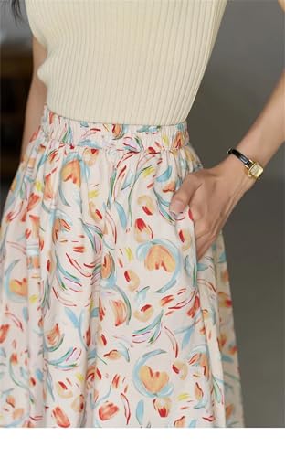 Women French Floral Chic Skirt A-LINE Elastic Waist Holiday Midi Skirts2