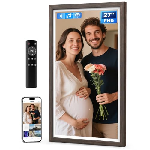 Image of 27 inch Large Digital Picture Frame, 64GB, Anti-Glare Non-Touch, WiFi Wall-Mount Frame for Home /Business, 1920x1080 FHD, Share via App, Email, USB & Micro SD, Remote Included, Black, Dark Wood