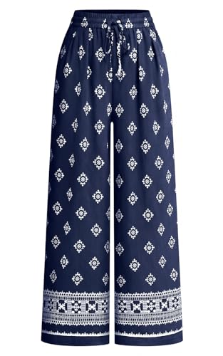Image of PRETTYGARDEN Womens Pants Elastic Waist Floral Lightweight Palazzo Pants for Women Casual Lounge Wide Leg Pants Woman