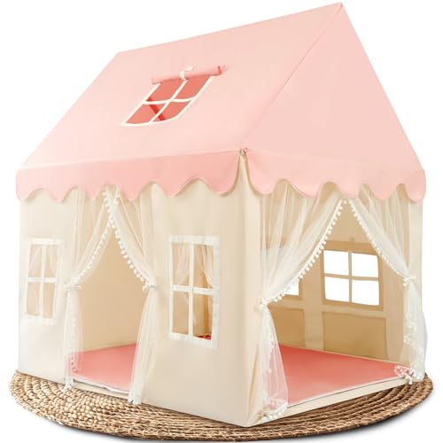 GANZKIND® Spielhaus Kinder Indoor mit 2 Eingängen & 5 Fenstern | Kinderzelt für Drinnen, Spielzelt, Kinderspielhaus, Kinderhaus, Zelt Kinderzimmer, Kuschelecke | Mädchen & Jungen ab 3 Jahre | rosa