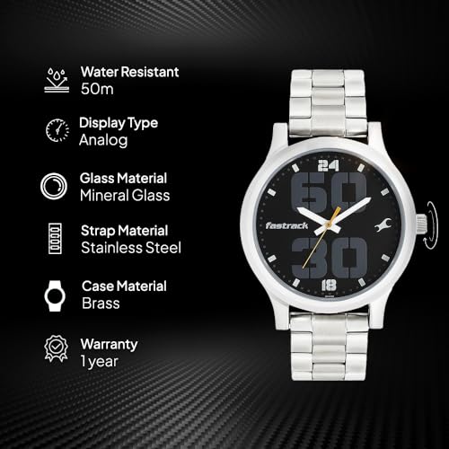 Fastrack Bold Quartz Analog Black Dial Silver Stainless Steel Strap Watch for Guys - NT38051SM07 - Image 6