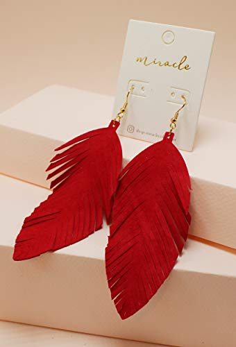 Large Genuine Soft Leather Handmade Fringe Feather Lightweight Tear Drop Dangle Color Earrings For Women Girls Fashion (Red) #TOP1