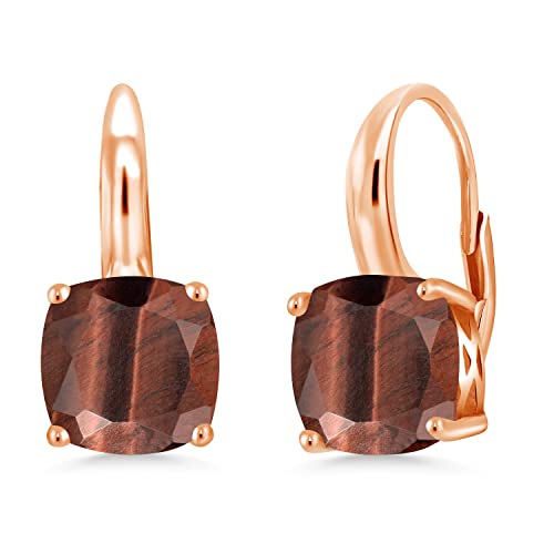 Gem Stone King 18K Rose Gold Plated Silver 8MM Cushion Gemstone Birthstone Leverback Dangle Earrings for Women | Fine Jewelry for Her Mom Wife | Red Tiger Eye