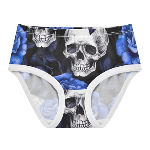 Toddler Girl Panties, Vintage Skulls Blue Rose Girls Cotton Underwear, 2T–8 Years