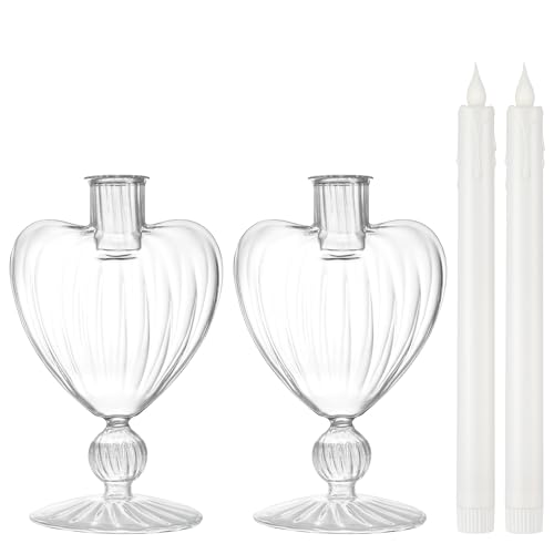 Image of Flameless Taper Candle with Vintage Glass Candle Holder, Set of 2, Wedding Dating Party Table Decor Centerpiece, Heart Shaped, Clear