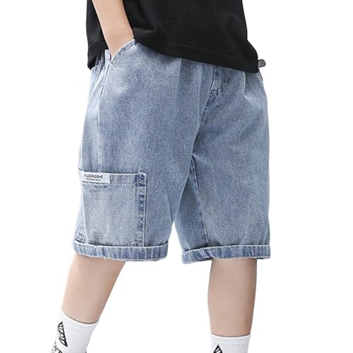 XINYUNZU Kurze Hose Jungen Jeans Shorts Sommer Baggy Elastische Taille Freizeitshorts Sommerhose Kurz Boys Outdoor Kurze Hosen Kinder Blau 160