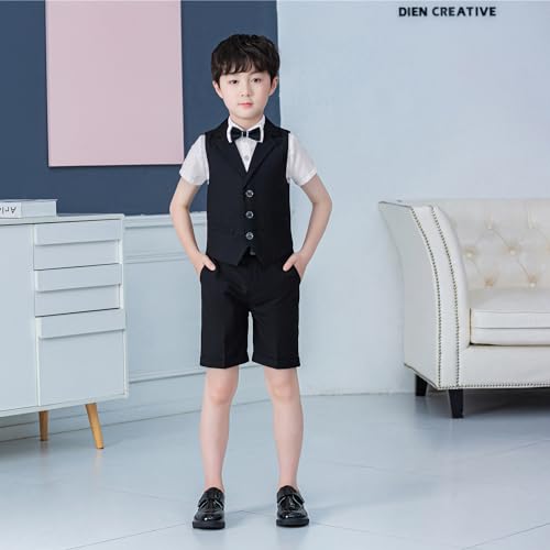 Image of LOLANTA Boys 4PCs Summer Suits, Short Suit Set for Wedding Ring Bearer Outfits Dress Clothes Vest Shirt Shorts Bow Tie