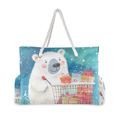 Polar Bears Give Gifts Sandproof Tote Bag With Pockets with side pocketes Travel Bag Beach for Pool Gym Grocery Travel2