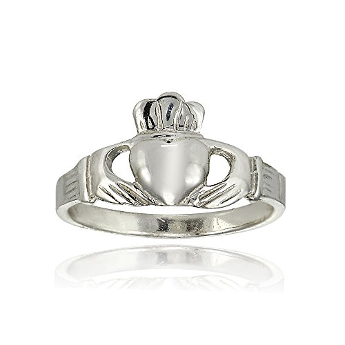 Hoops & Loops Sterling Silver Polished Claddagh Hands Holding Heart Crown Promise Ring, Size 8