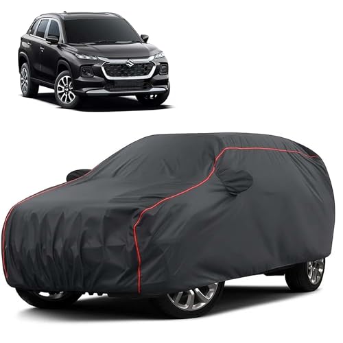 Image of Sulfar 100% Water Resistant Car Body Cover Compatible with Mirror for Maruti Suzuki Grand Vitara (Triple Stitched, Full Bottom Elastic, Dark Grey Taffeta with Red Piping)
