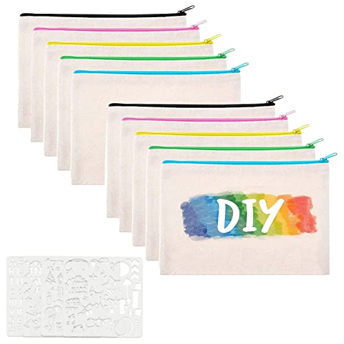 10 Stück DIY Blanko Stoffbeutel, Reise Kulturbeutel, Segeltuch Kosmetiktasche, Kommt mit 4 Zeichenvorlagen, für Reisen Make Up Taschen, Aufbewahrung Schreibwaren Cover