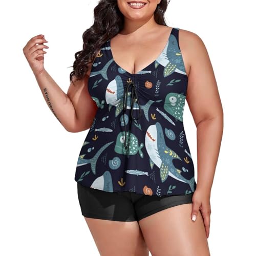 Cute Shark Women's Plus Size Swimsuits with Shorts Tankini Bathing Suits
