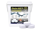 DIACLOR Multi 5 ACCIONES 5 KG - Pastillas de Cloro para Piscinas envasadas Individualmente - 25 Pastillas de Cloro Lento (200 gr- 7,5 cm Diámetro) - Tratamiento Completo 5 Efectos - SIN Cobre -