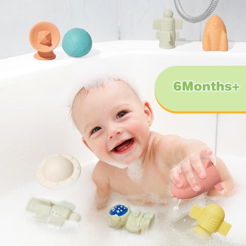 Image of AMCHSURI Mold-Free & No Holes Bath Toys 9 Pack | Safe Astronaut & Rocket Ship Toys for Babies 6-12M & Toddlers 1-3Y | Bathtub Pool Float Toys for Boys Girls