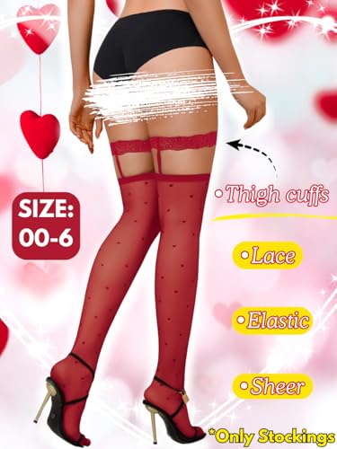 Image of ShawGobow Heart Thigh High Stockings,Petite Size Sheer Mesh Garter Stocking,Sexy Knee Highs For Women Vday Date Fits 00-6