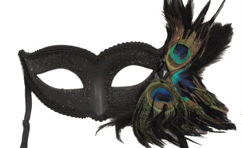 RedSkyTrader - Venetian Mask with Peacock Feathers - One Size Fits Most Black