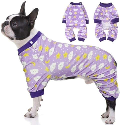 Image of BEAUTYZOO Dog Pajamas, Soft Stretchy Fleece Puppy Sweater for Medium Dogs | Velvet Jumpsuit for Girl Boy Puppies, Breathable Pet Pjs, Warm Jammies Onesies in Cold Weather, Moon and Stars, Purple M