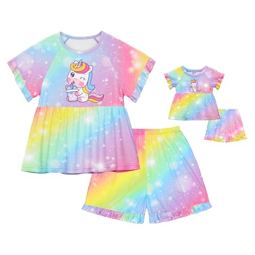 Image of LQSZ Matching Girls & Doll Pajamas Set for Toddler Girls Short Sleeves Cute Outfit Sleepwear