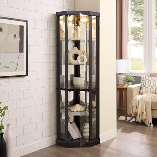 Anwick Corner Display Curio Cabinets with Lighted and Mirrored Back 70 Tall Wooden Curved Shelving Unit with Tempered Glass Door and Adjustable Shelves Corner China Cabinet Hutch (C-009 Black)